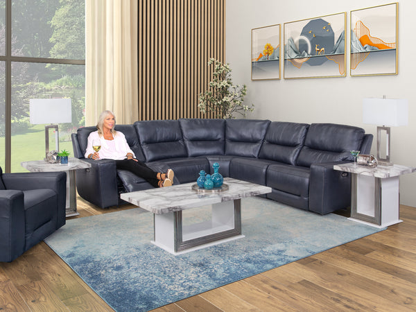 Stratos Navy 5 Piece Leather Power Sectional