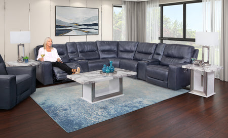 Stratos Navy 7 Piece Leather Power Sectional