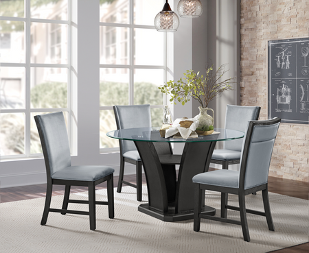 Cosmopolitan 5 Piece Round Dining Set with Upholstered Back Grey Chairs