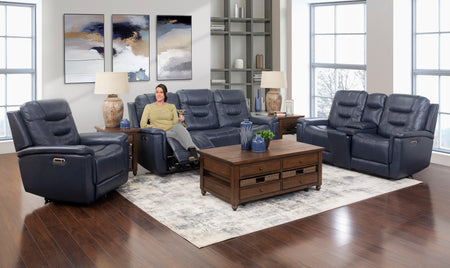 Abbott Navy 3 Piece Leather Power Reclining Living Room