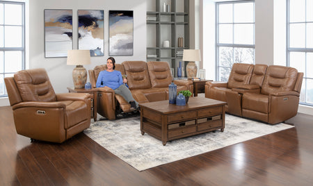 Abbott Camel 5 Piece Leather Power Reclining Living Room