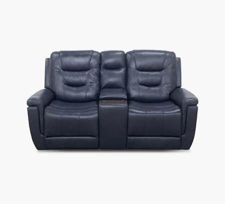 Abbott Navy Leather Power Console Loveseat with Power Headrest