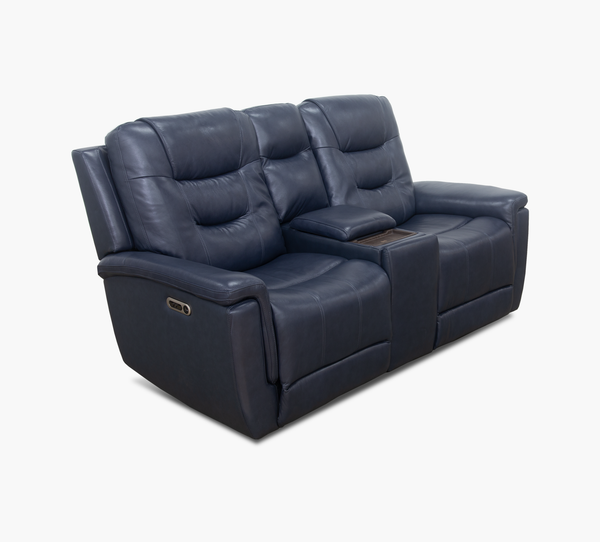 Abbott Navy Leather Power Console Loveseat with Power Headrest