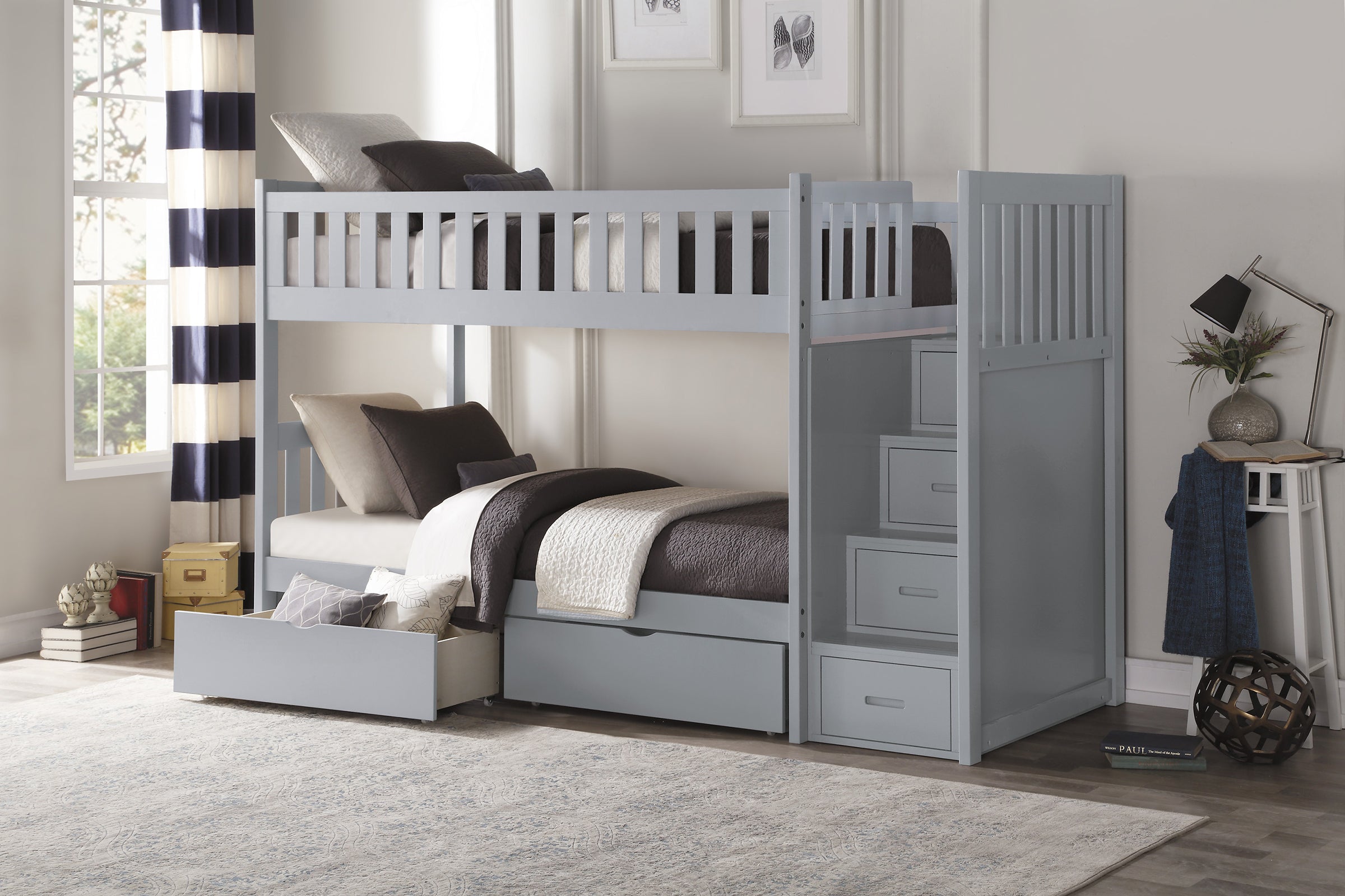 Grey bunk hot sale bed with stairs